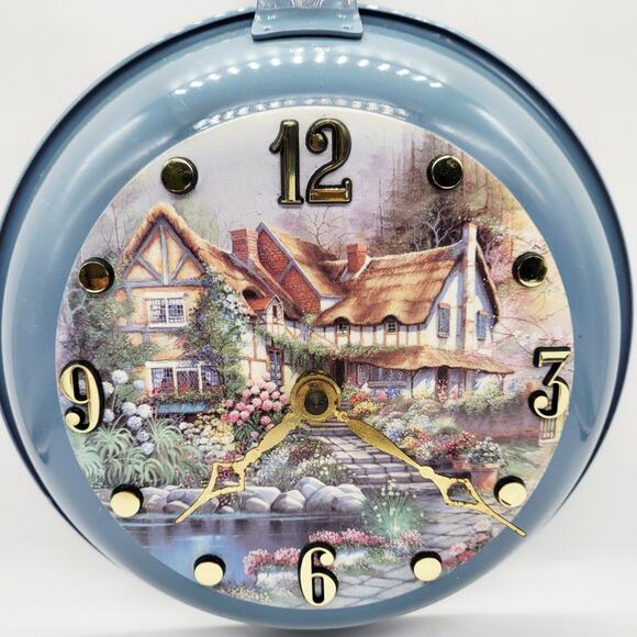 Quartz Blue Painted Cottage Scenery 8" Fry Pan Decorative Wall Clock Made in USA - Picture 2 of 10